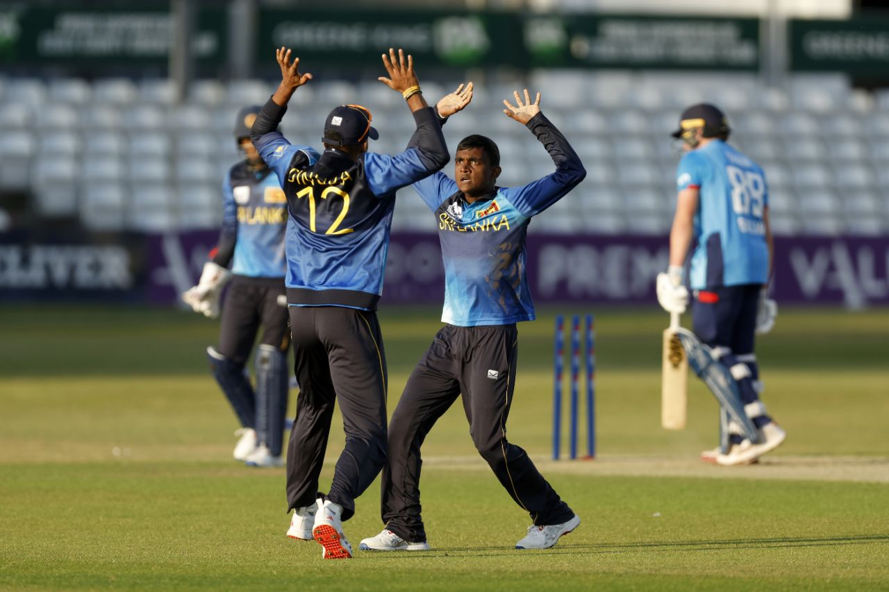 Praveen Maneesha claimed the key wicket of Noah Thain, England vs Sri Lanka, 1st Youth ODI, Chelmsford, June 28, 2024