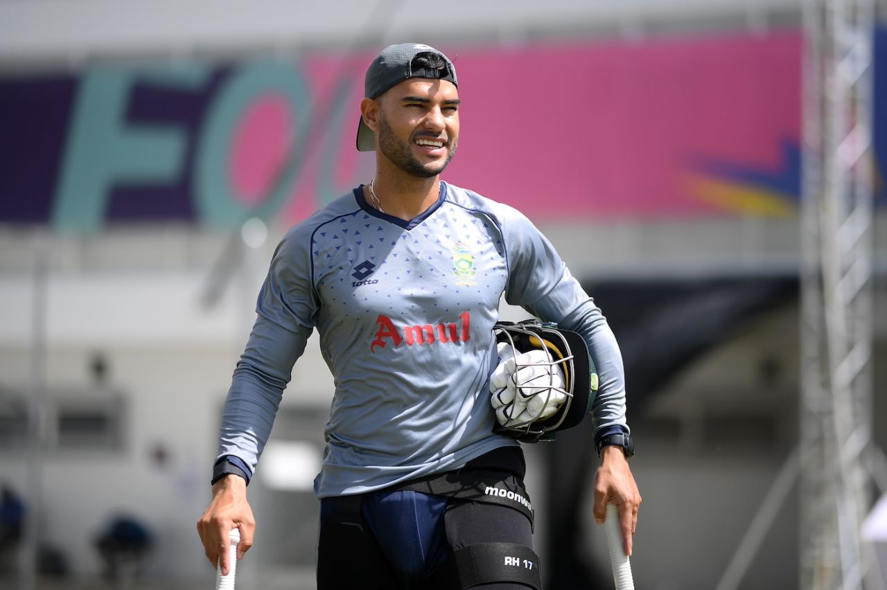 Reeza Hendricks has a hit in the nets on the eve of the T20 World Cup final against India in Barbados, June 28, 2024