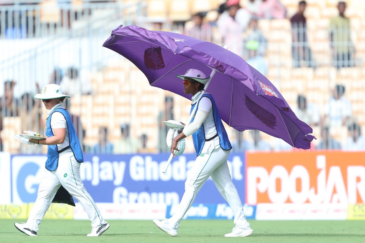Mieke de Ridder and Nondumiso Shangase carry refreshments, India vs South Africa, Only women's Test, 2nd day, Chennai, June 29, 2024