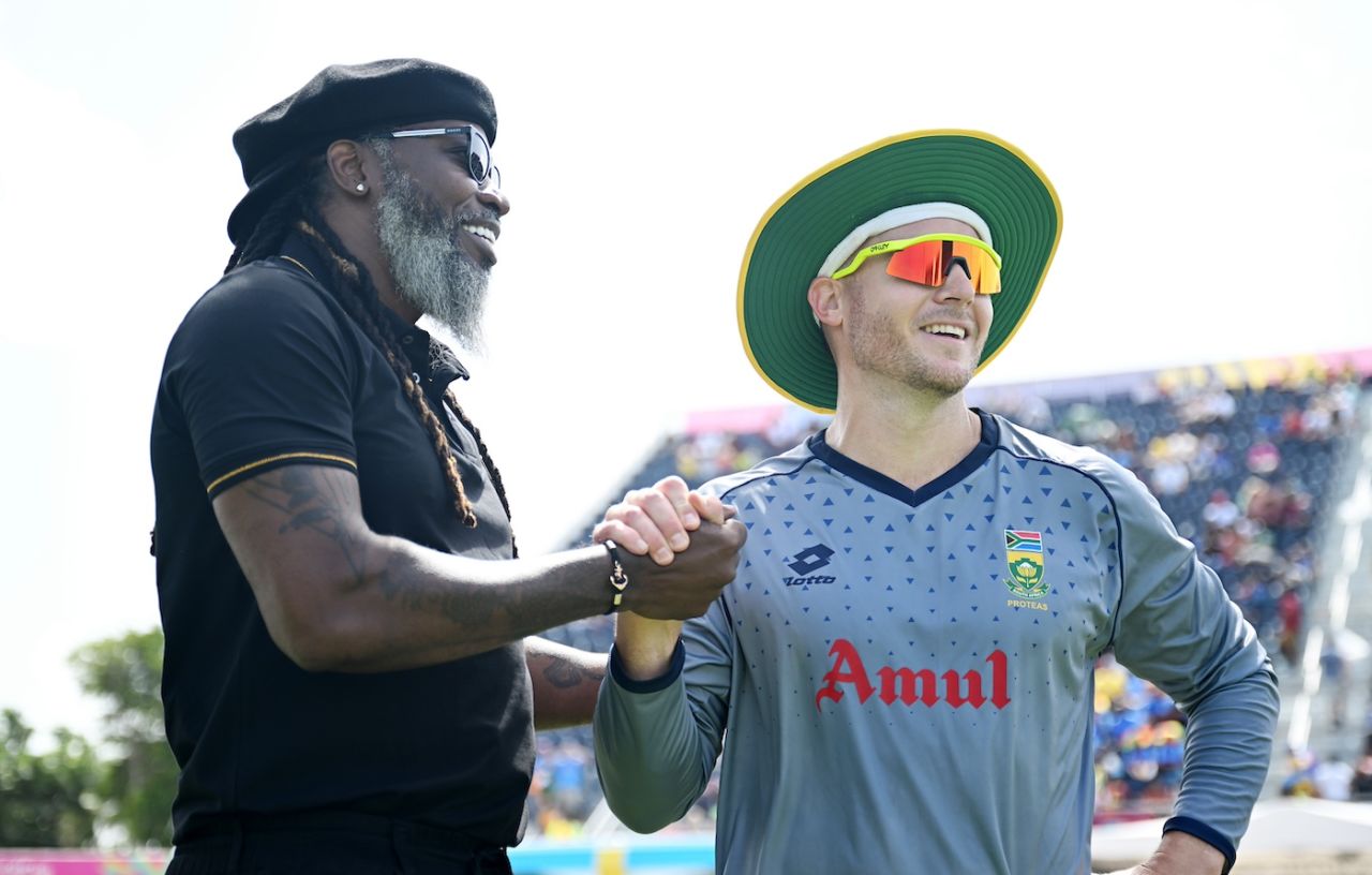 Chris Gayle catches up with David Miller before the final, India vs South Africa, T20 World Cup final, Bridgetown, Barbados, June 29, 2024