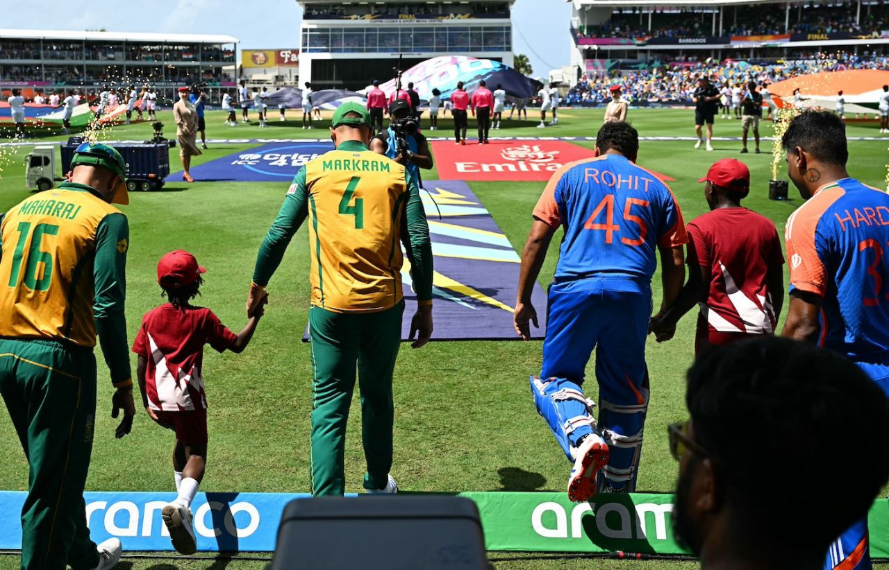 The teams and their mascots walk out for the national anthems, India vs South Africa, T20 World Cup final, Bridgetown, Barbados, June 29, 2024