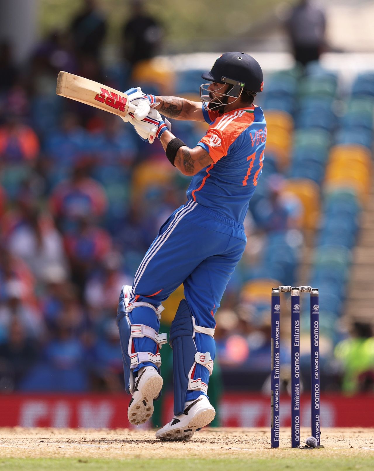 Virat Kohli p[layed the occasional aggressive shot despite the fall of wickets, India vs South Africa, T20 World Cup final, Bridgetown, Barbados, June 29, 2024
