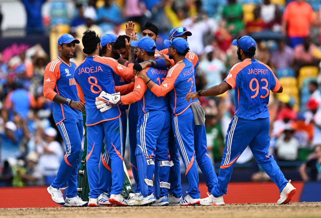 Job done - the India players celebrate after ending their long ICC trophy drought, India vs South Africa, T20 World Cup final, Bridgetown, Barbados, June 29, 2024