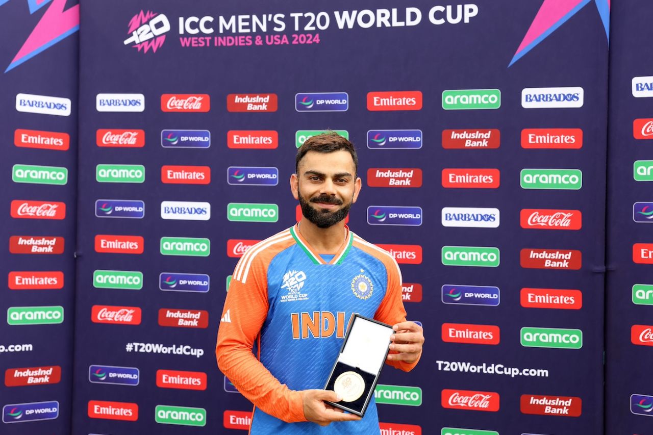 Virat Kohli, who announced his retirement from T20I cricket, picked up the Player-of-the-Tournament award, India vs South Africa, T20 World Cup final, Bridgetown, Barbados, June 29, 2024