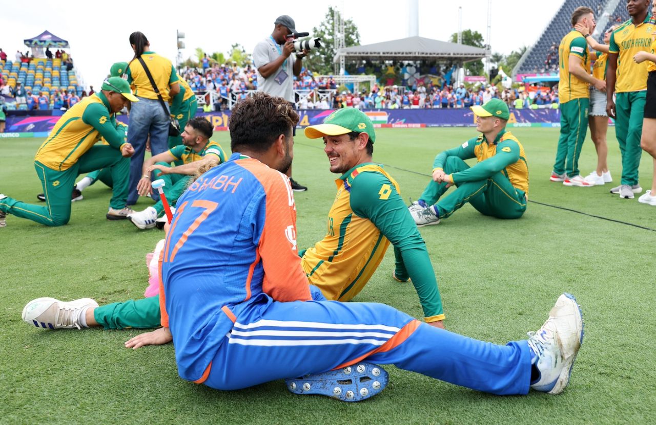 The IPL effect - Rishabh Pant and Quinton de Kock catch up after the game, India vs South Africa, T20 World Cup final, Bridgetown, Barbados, June 29, 2024