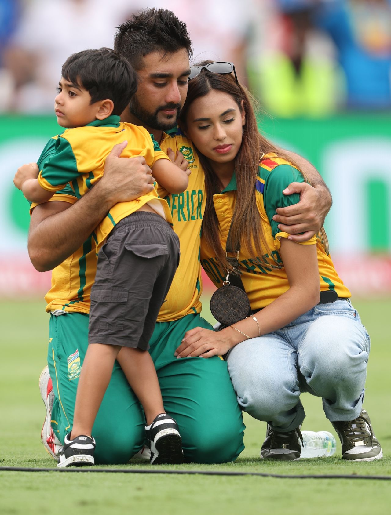 Tabraiz Shamsi, here with his family, lets the emotions sink in, India vs South Africa, T20 World Cup final, Bridgetown, Barbados, June 29, 2024 - ICC/Getty Images