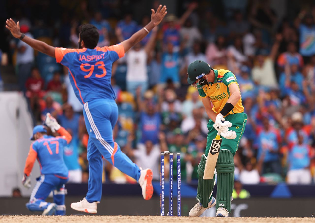 Jasprit Bumrah gets through Marco Jansen, India vs South Africa, T20 World Cup final, Bridgetown, Barbados, June 29, 2024