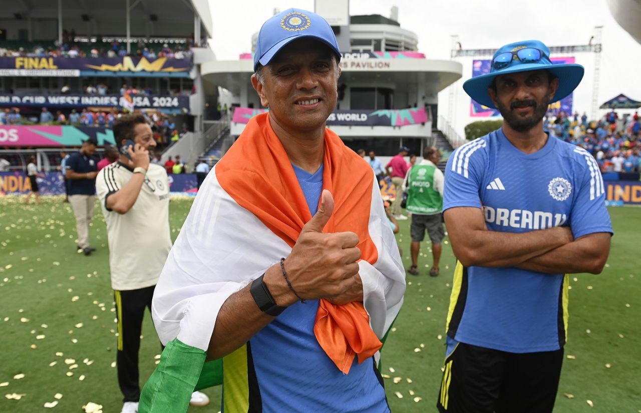 A thumbs-up from the departing coach Rahul Dravid after India won the T20 World Cup, India vs South Africa, T20 World Cup final, Bridgetown, Barbados, June 29, 2024