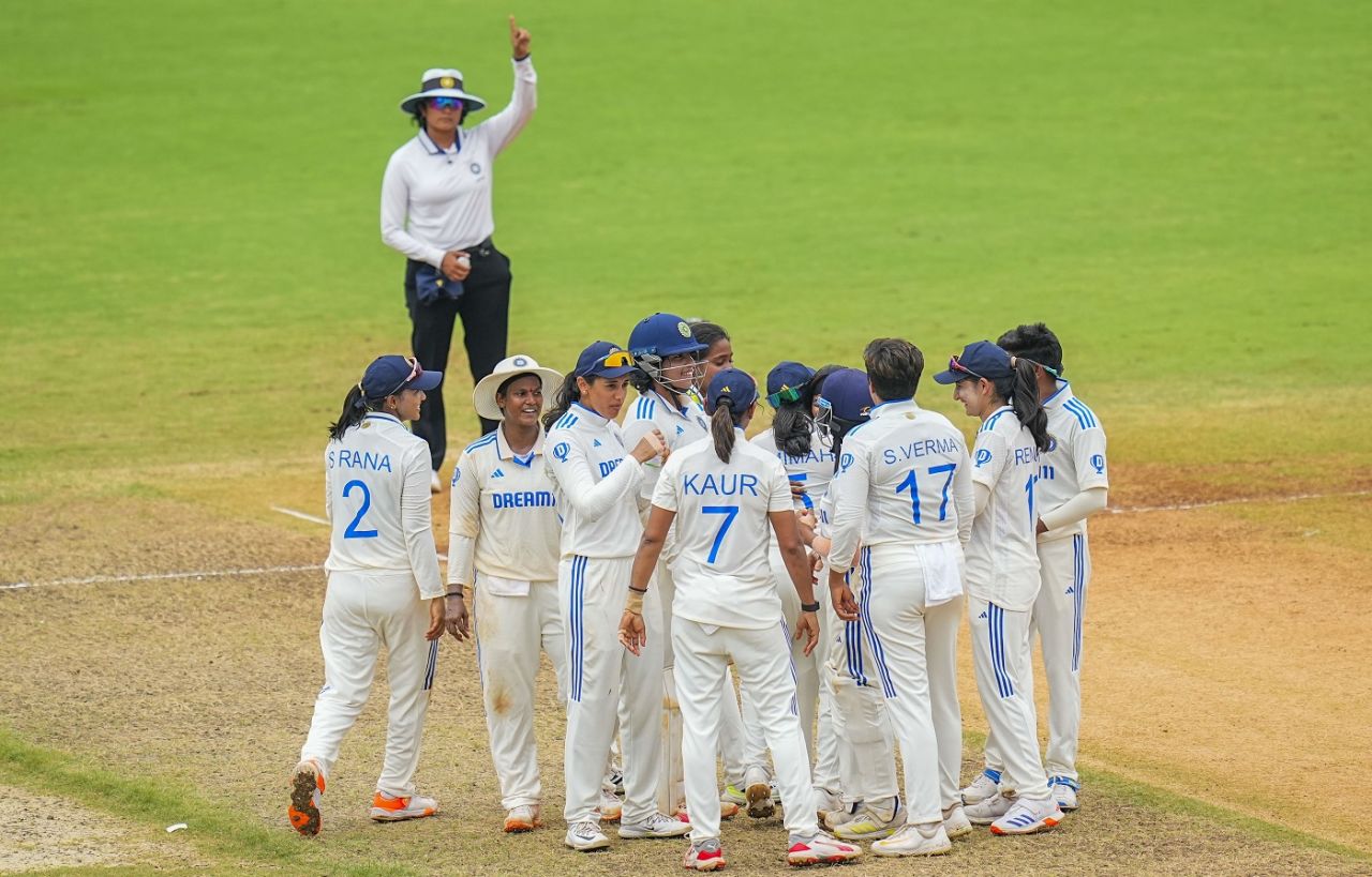 The Indian team celebrate after seeing the back of Laura Wolvaardt, India vs South Africa, Only women's Test, 4th day, Chennai, July 1, 2024