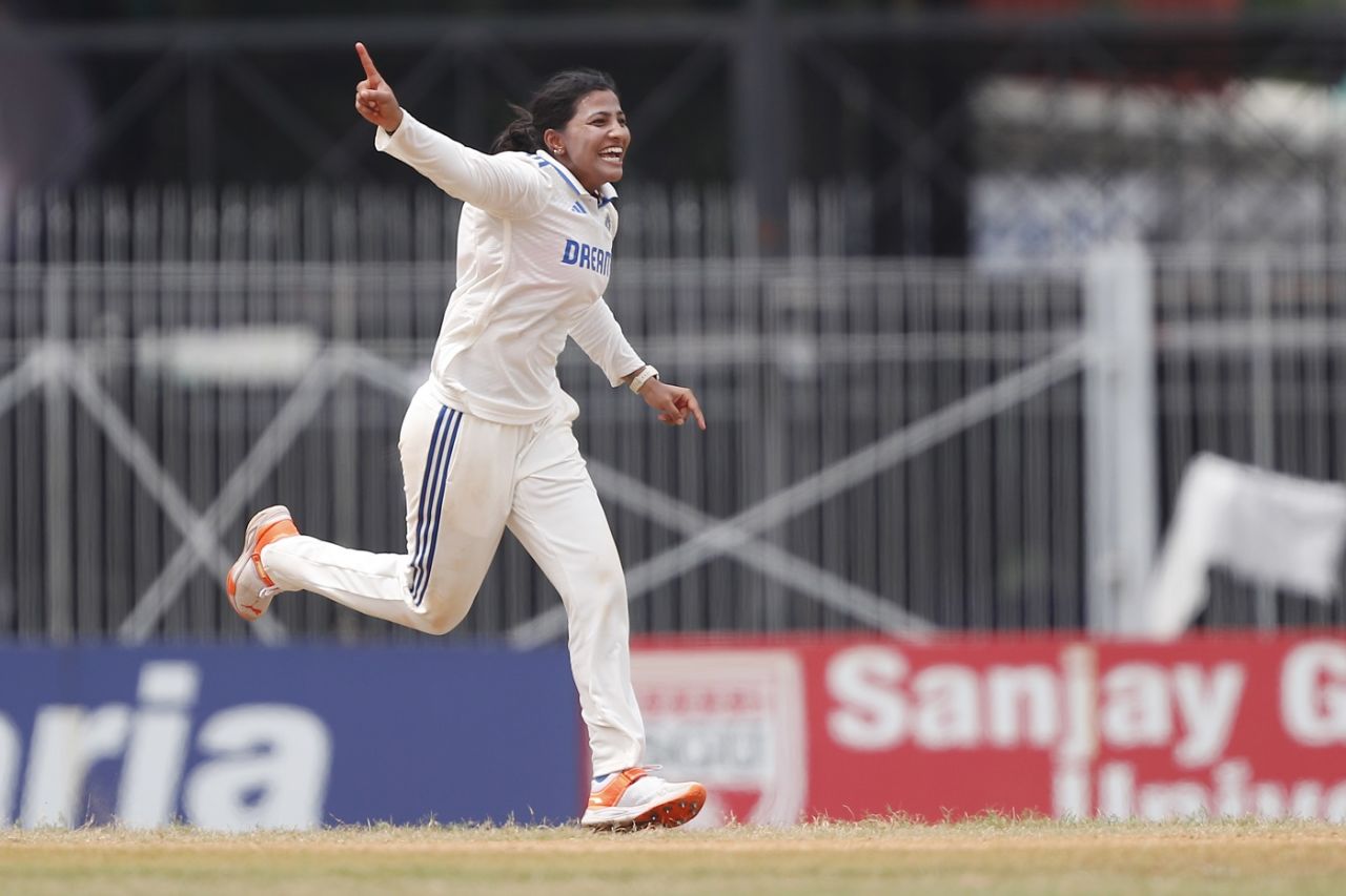 Sneh Rana is ecstatic after picking ten wickets for the match, India vs South Africa, Only women's Test, 4th day, Chennai, July 1, 2024