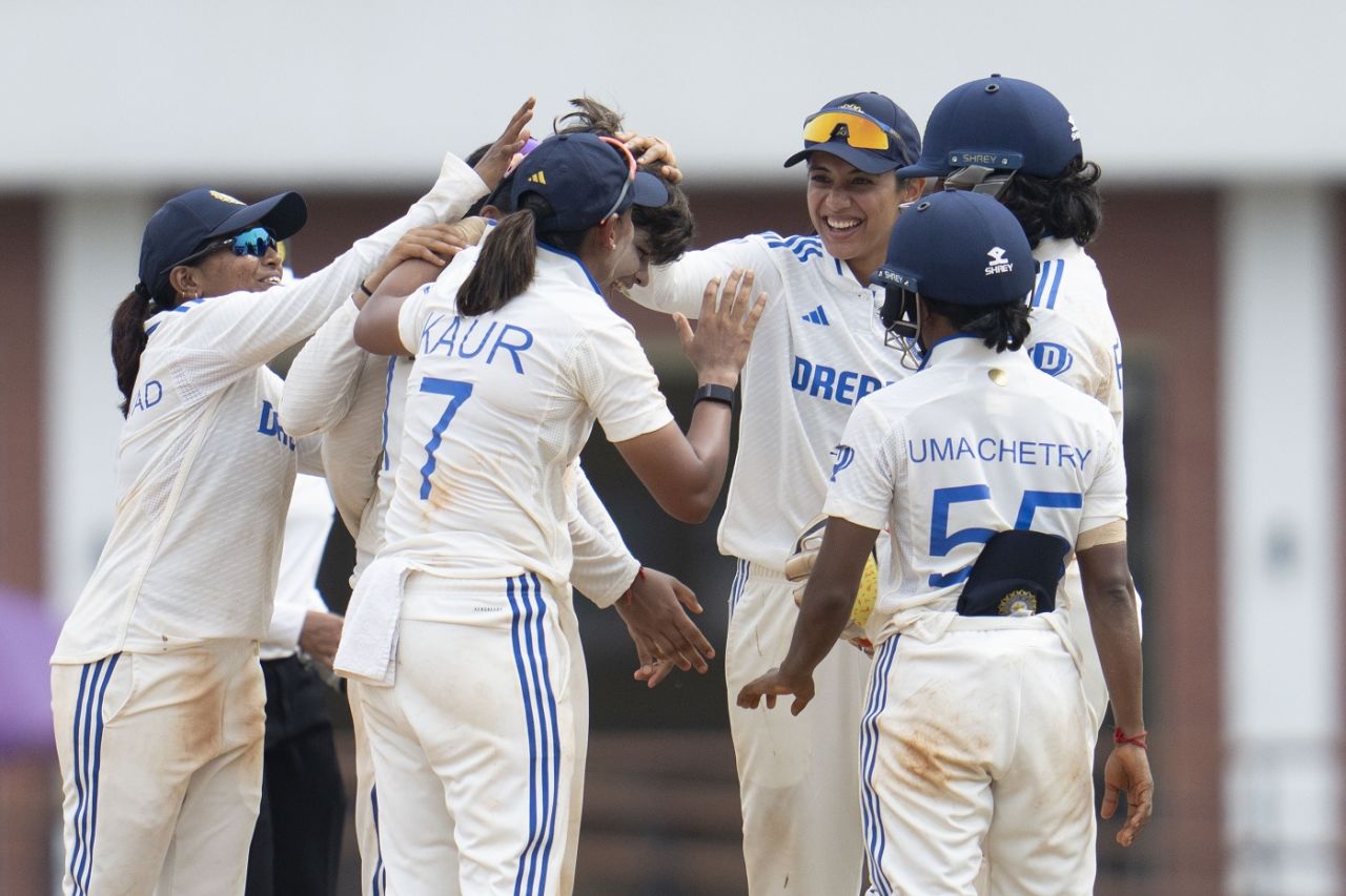 Shafali Verma is mobbed by her team-mates after she cleaned up Masabata Klaas, India vs South Africa, Only women's Test, 4th day, Chennai, July 1, 2024