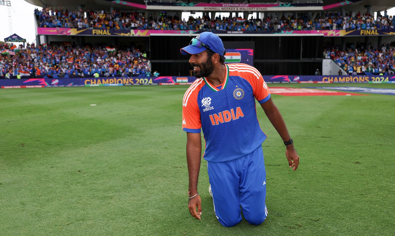 Jasprit Bumrah kneels on the grass, India vs South Africa, T20 World Cup final, Bridgetown, Barbados, June 29, 2024