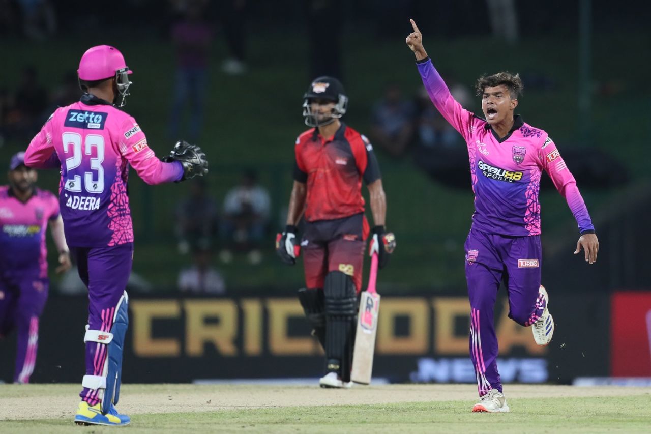 Dunith Wellalage struck twice in an over in the powerplay, Colombo Strikers vs Kandy Falcons, Lanka Premier League 2024, Pallekele, July 2, 2024