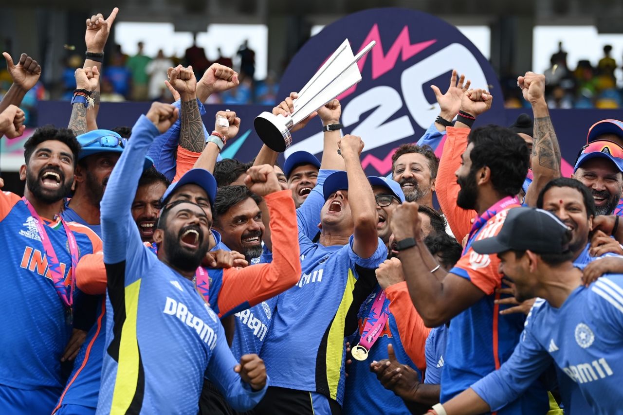 Rahul Dravid lifts the trophy as the team celebrates, India vs South Africa, T20 World Cup final, Bridgetown, Barbados, June 29, 2024