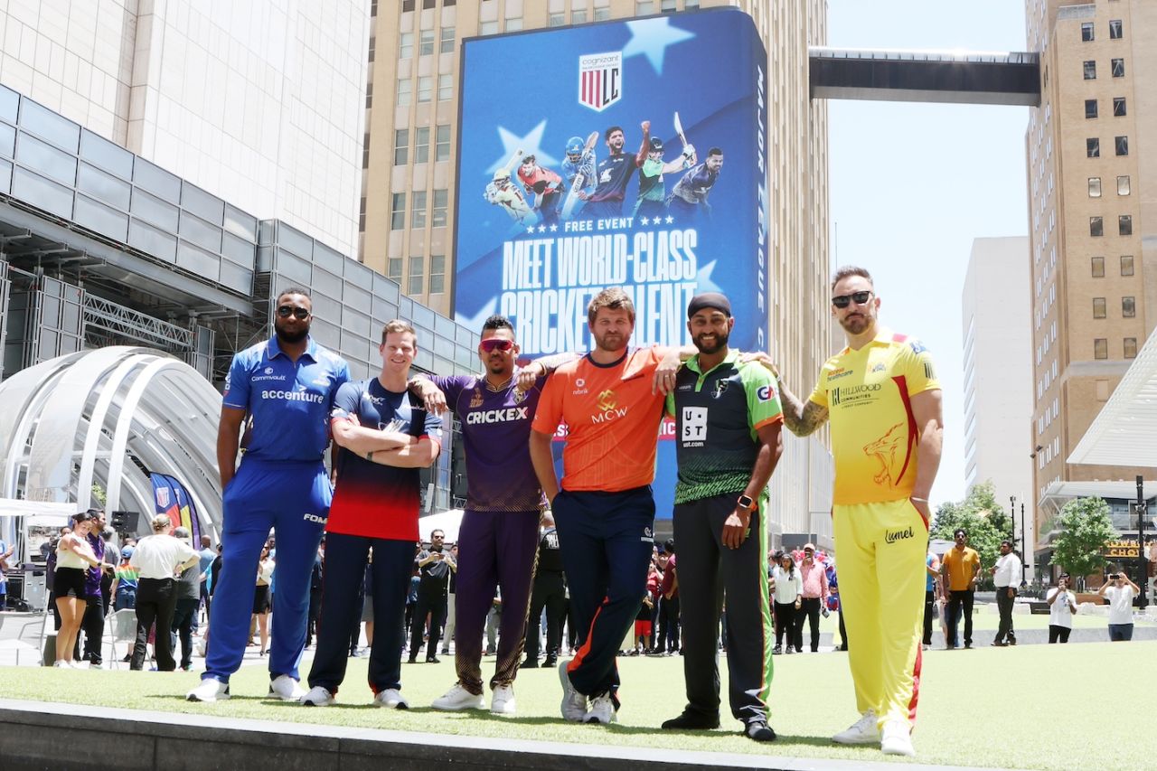 The captains of the MLC teams - Sunil Narine (LA Knight Riders), Keiron Pollard (MI New York), Harmeet Singh (Seattle Orcas), Corey Anderson (San Francisco Unicorns), Faf du Plessis (Texas Super Kings) and Steve Smith (Washington Freedom) - in Dallas ahead of the second season of Major League Cricket, July 3, 2023
