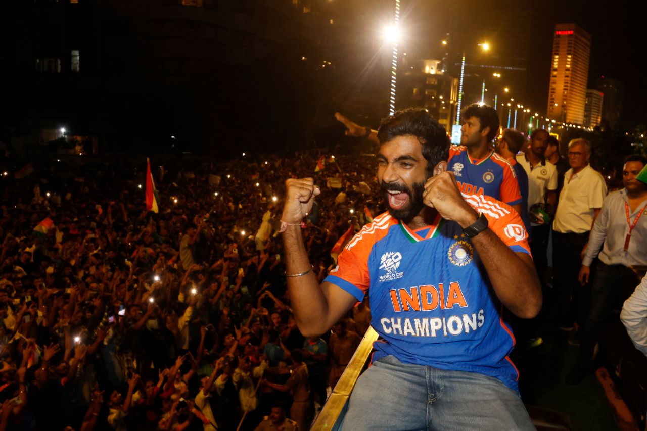 India's Player of the Tournament Jasprit Bumrah lets out a roar at the World Cup after-party, Mumbai, July 4, 2024