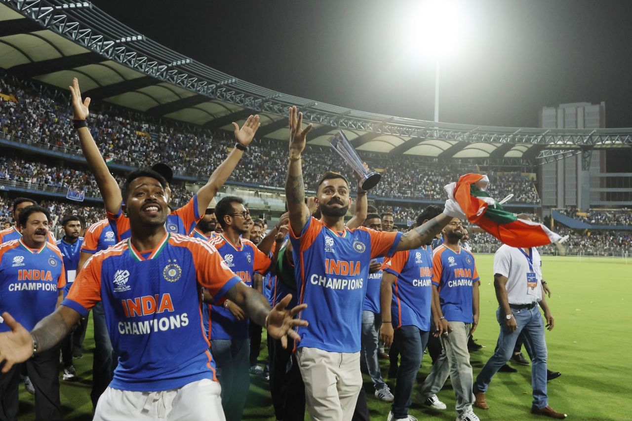 Hardik Pandya and Virat Kohli led the parade as 'Vande Mataram' played at the Wankhede, Mumbai, July 4, 2024