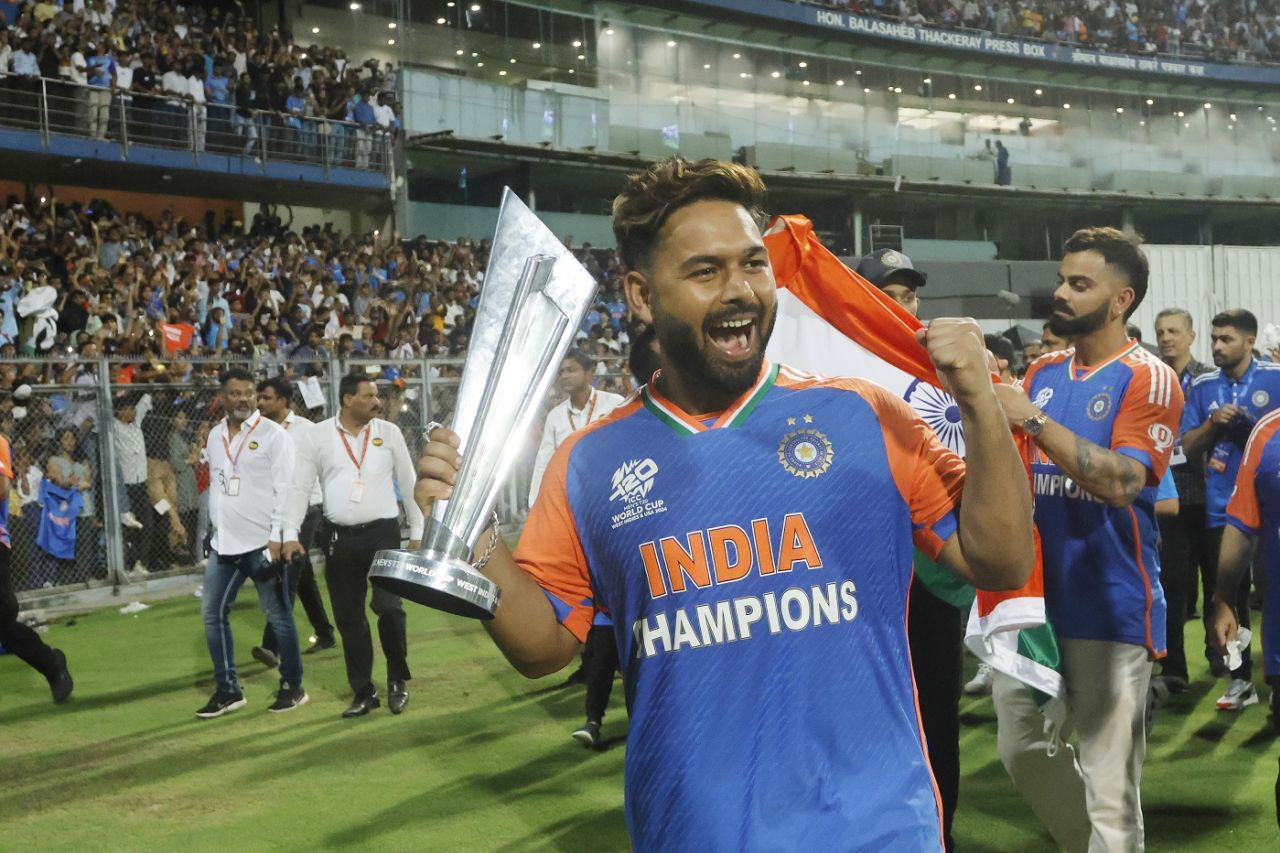 Rishabh Pant poses with the T20 World Cup trophy, Mumbai, July 4, 2024
