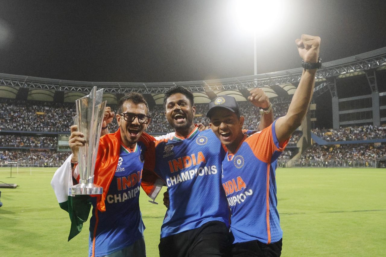 Yuzvendra Chahal, Sanju Samson and Yashasvi Jaiswal celebrate with the trophy, Mumbai, July 4, 2024