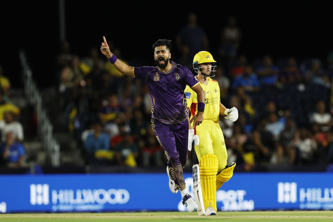 Ali Khan takes off after dismissing Devon Conway, Texas Super Kings vs LA Knight Riders, Major League Cricket, Dallas, July 5, 2024