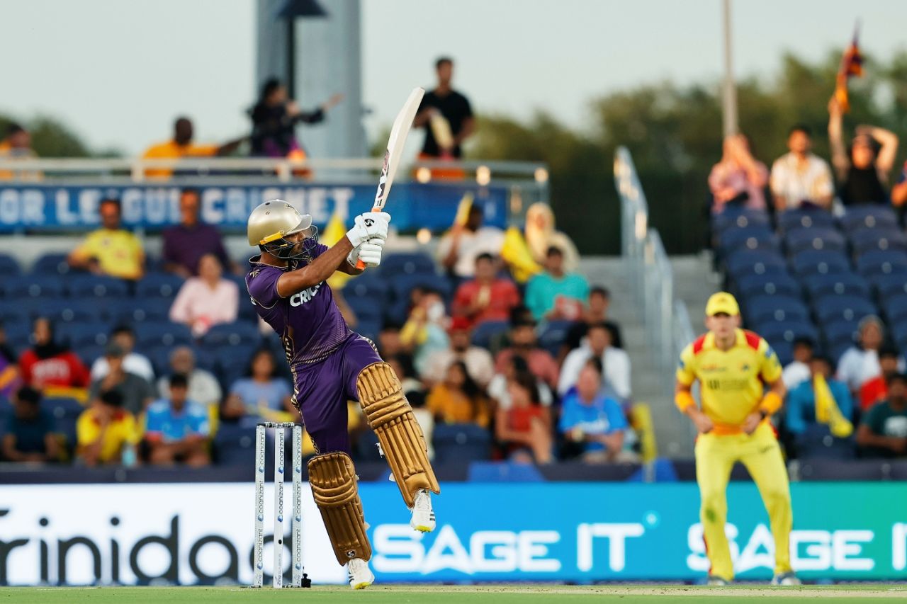 Unmukt Chand launches one for a six during his 68 off 45 balls, Texas Super Kings vs LA Knight Riders, Major League Cricket, Dallas, July 5, 2024