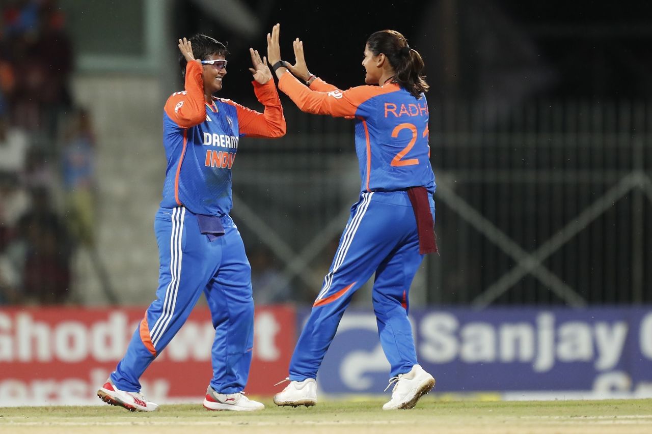 Deepti Sharma and Radha Yadav celebrate a wicket, India vs South Africa, 2nd women's T20I, Chennai, July 7, 2024