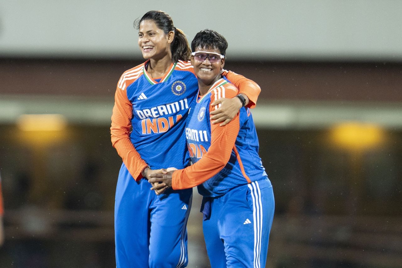 Deepti Sharma celebrates with Radha Yadav after dismissing Tazmin Brits, India vs South Africa, 2nd women's T20I, Chennai, July 7, 2024