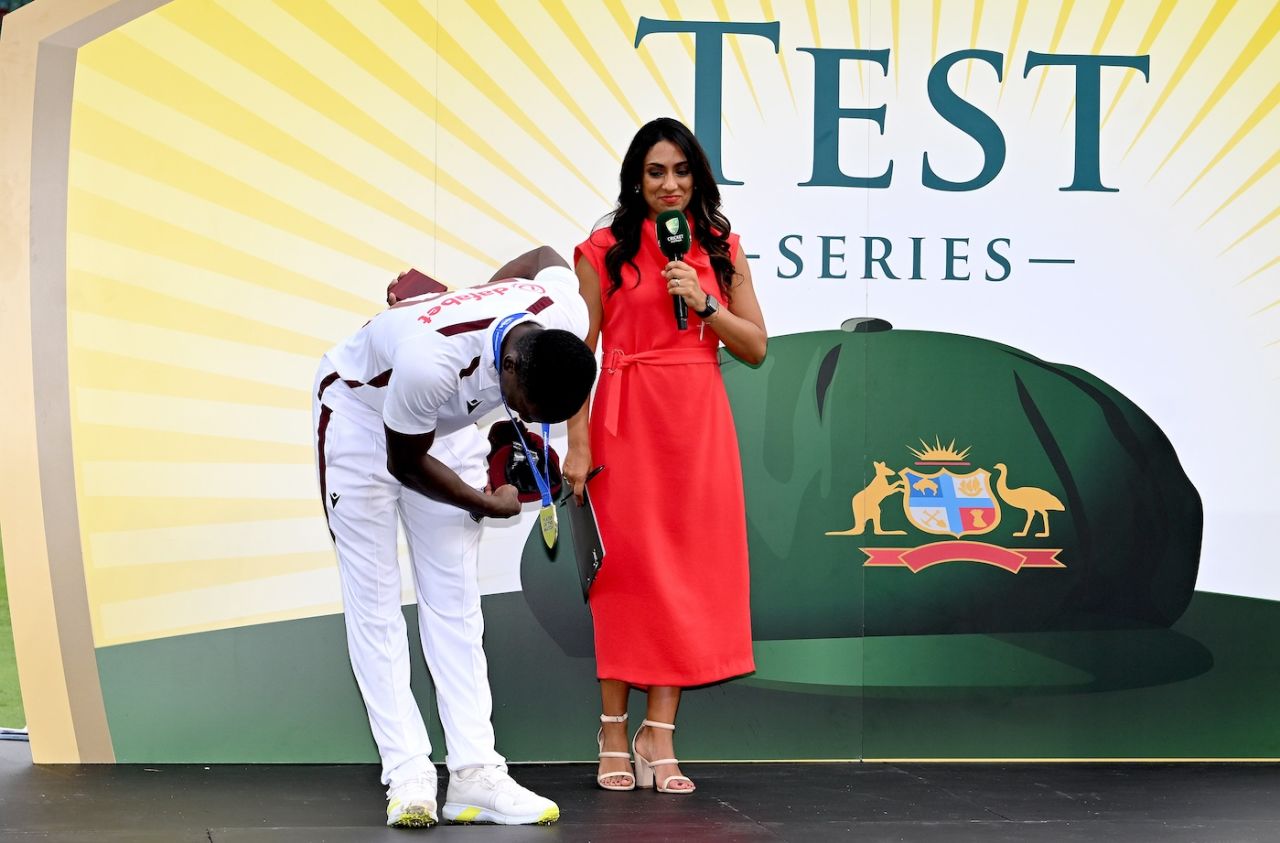 The player of the match and series, Shamar Joseph, takes a bow, with presenter Isa Guha looking on, Australia vs West Indies, 2nd Test, Brisbane, 4th day, January 28, 2024