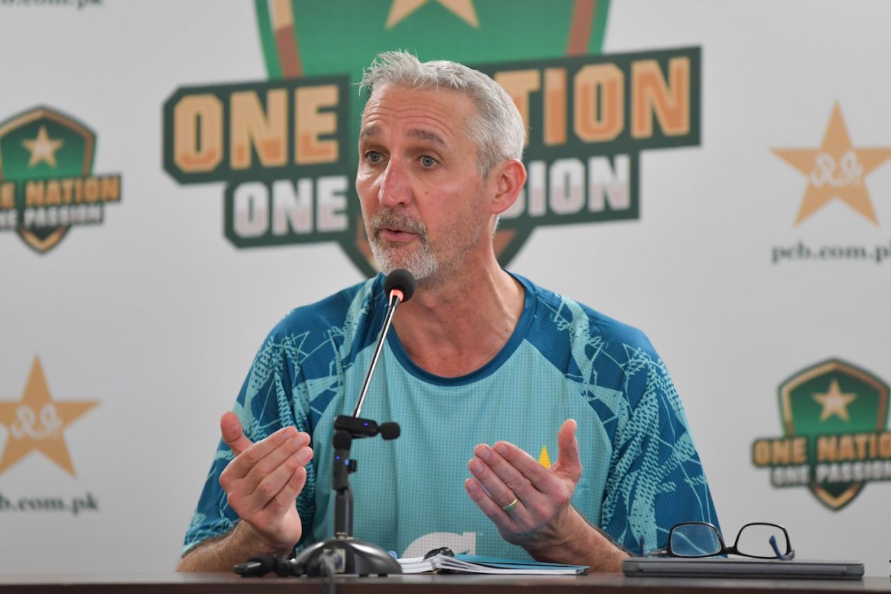Pakistan's Test coach Jason Gillespie at a press conference, Karachi, July 7, 2024