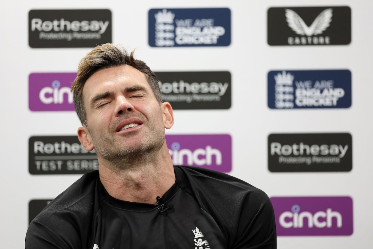 James Anderson reacts to a question at a press conference, England vs West Indies, 1st Test, Lord's, London, July 8, 2024