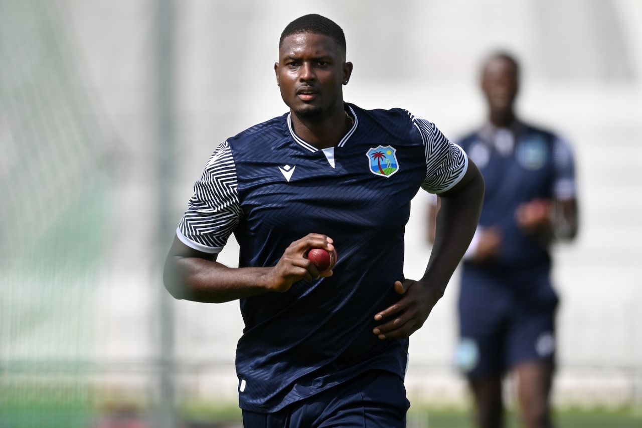 Jason Holder runs in to bowl at West Indies' training session ahead of the first Test against England, Lord's, July 8, 2024