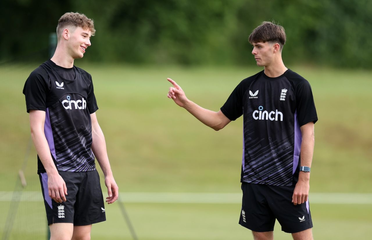 Archie Vaughan makes a point to Rocky Flintoff during a training session, England Under-19 vs Sri Lanka Under-19, 1st unofficial Test, 1st day, Wormsley, July 8, 2024