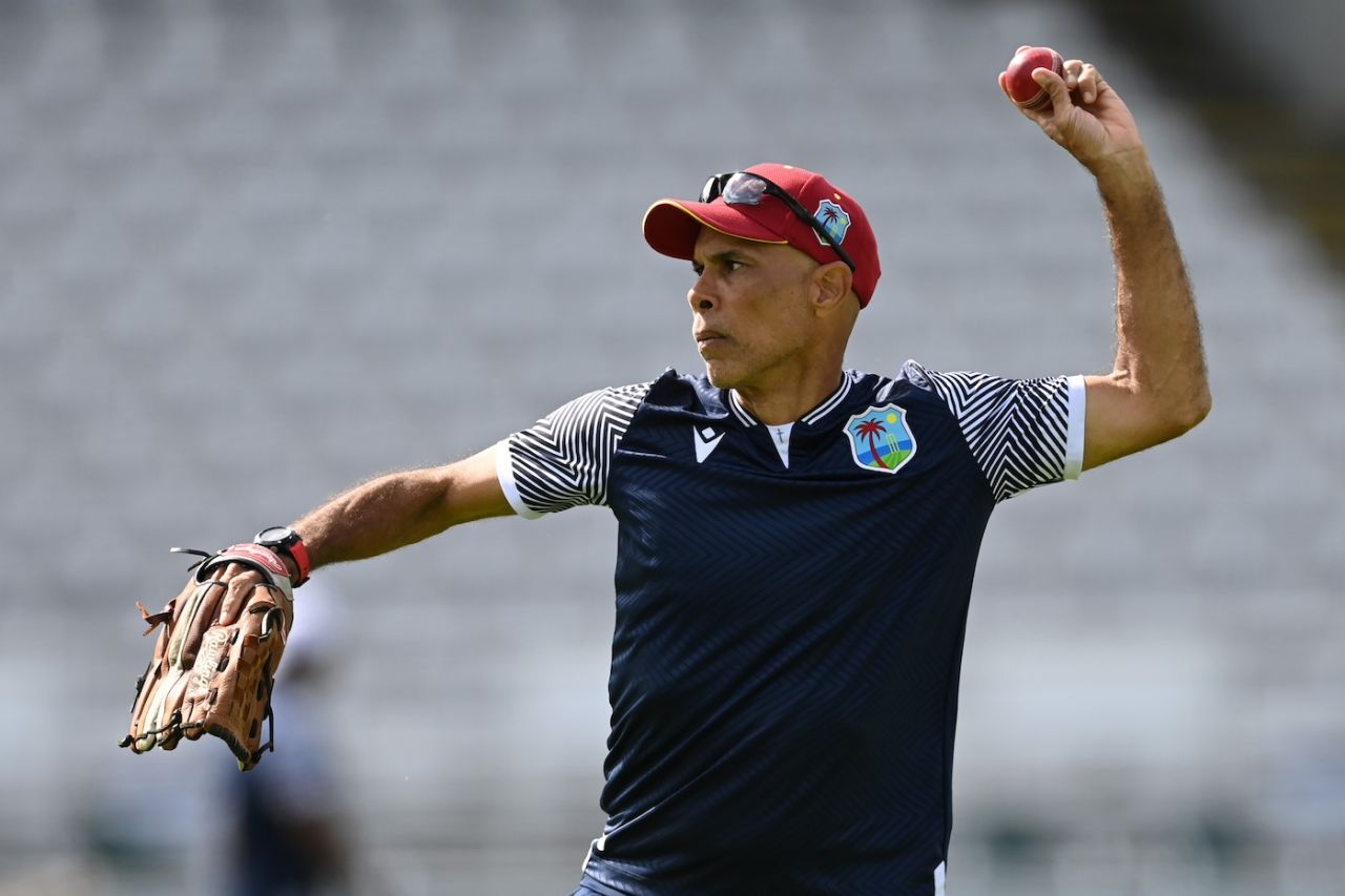 Jimmy Adams throws the ball at West Indies' training session ahead of the first Test against England, Lord's, July 8, 2024