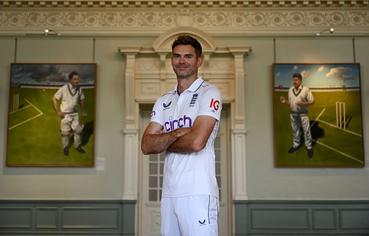 James Anderson poses in the Long Room ahead of his final Test, Lord's, July 8, 2024