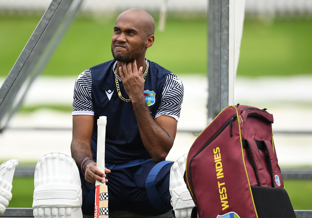 Kraigg Brathwaite looks on during West Indies net practice, Lord's, July 8, 2024