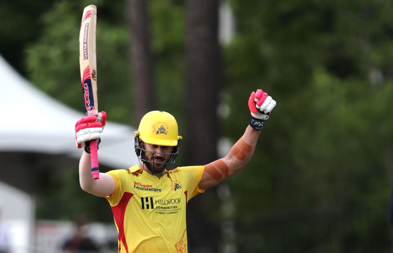 Faf du Plessis celebrates his century, Texas Super Kings vs Washington Freedom, MLC, Morrisville, July 8, 2024