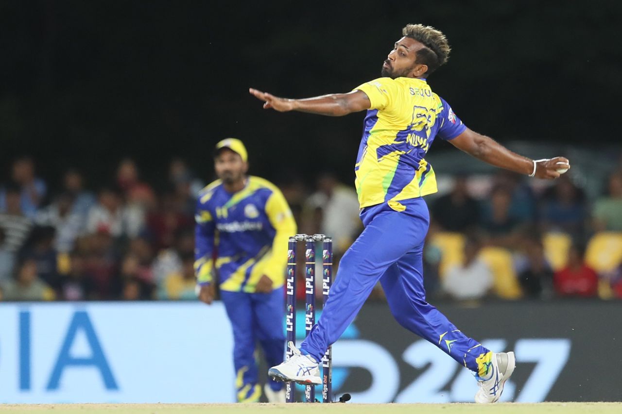 Nuwan Thushara bowls with his slingy action, Dambulla Sixers vs Galle Marvels, Lanka Premier League, Dambulla, July 9, 2024