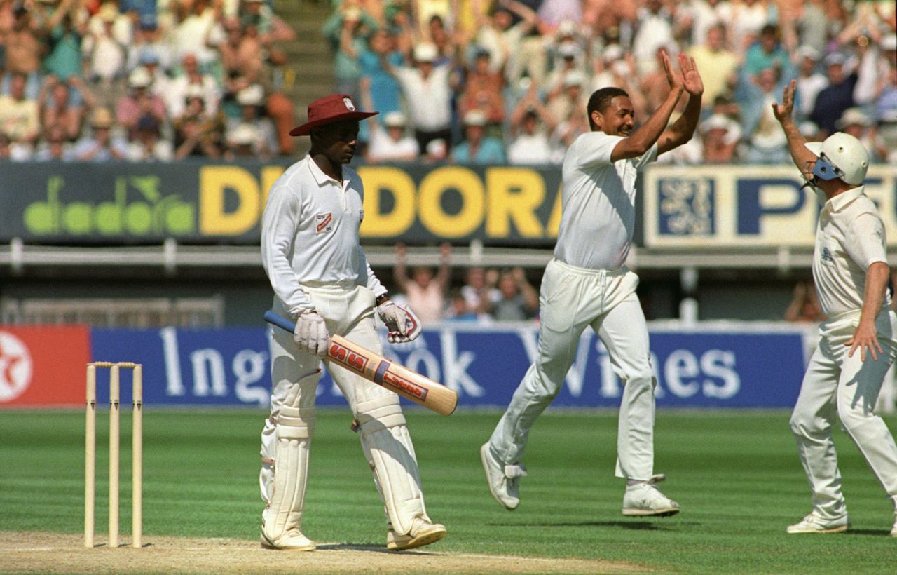 Phillip DeFreitas celebrates with teammate Hugh Morris after taking the wicket of Richie Richardson, fourth day, fourth Test, England vs West Indies, Edgbaston, July 28, 1991
