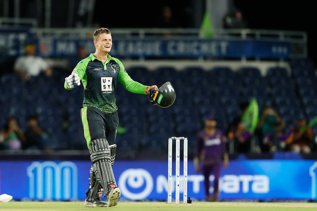Ryan Rickelton (minus bat) celebrates his century, Los Angeles Knight Riders vs Seattle Orcas, Dallas, MLC, July 09, 2024