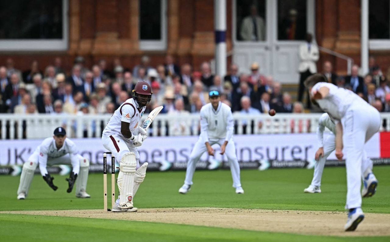 Kirk McKenzie faces a delivery from Gus Atkinson, England vs West Indies, 1st Test, Lord's, 1st day, July 10, 2024