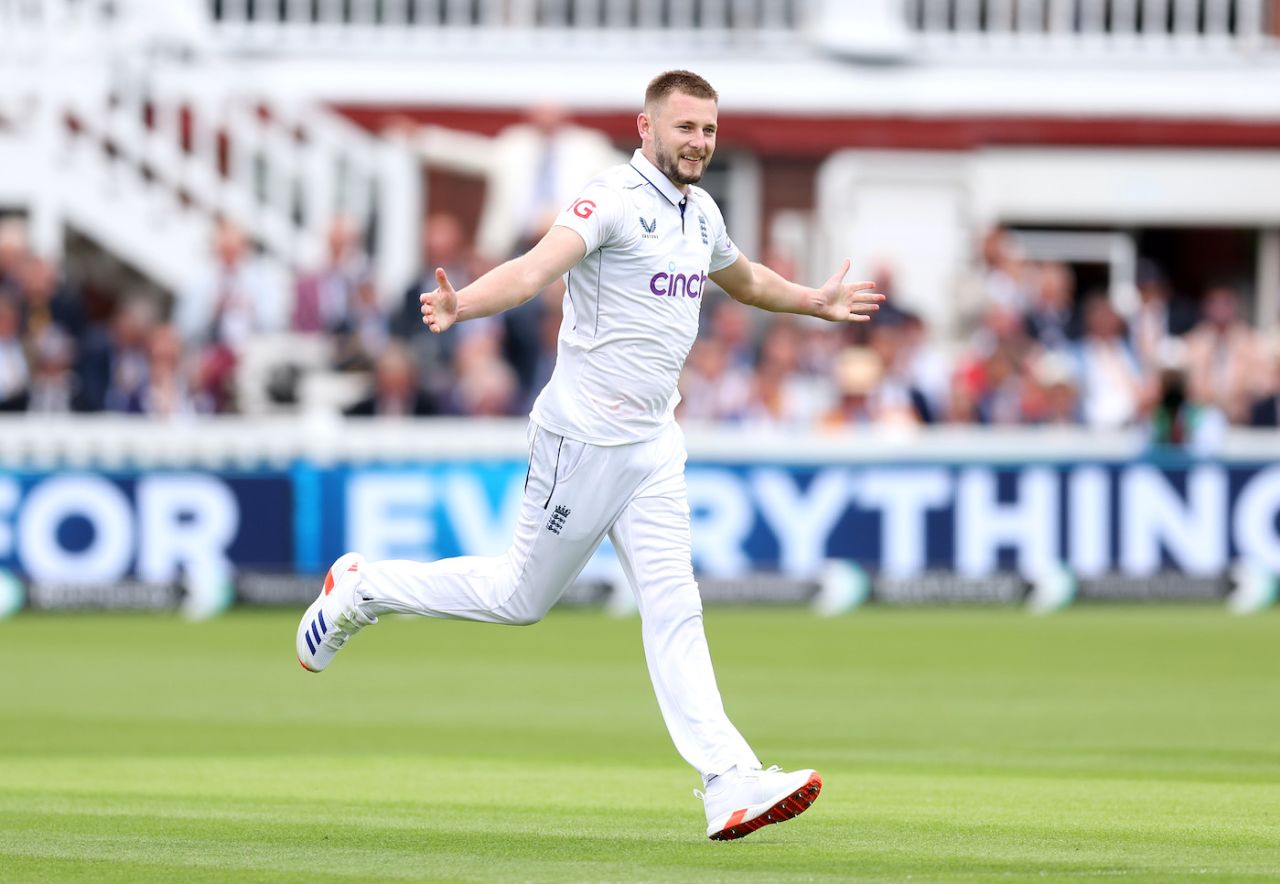 Gus Atkinson took three wickets in the 34th over to complete his five-for, England vs West Indies, 1st Test, Lord's, 1st day, July 10, 2024