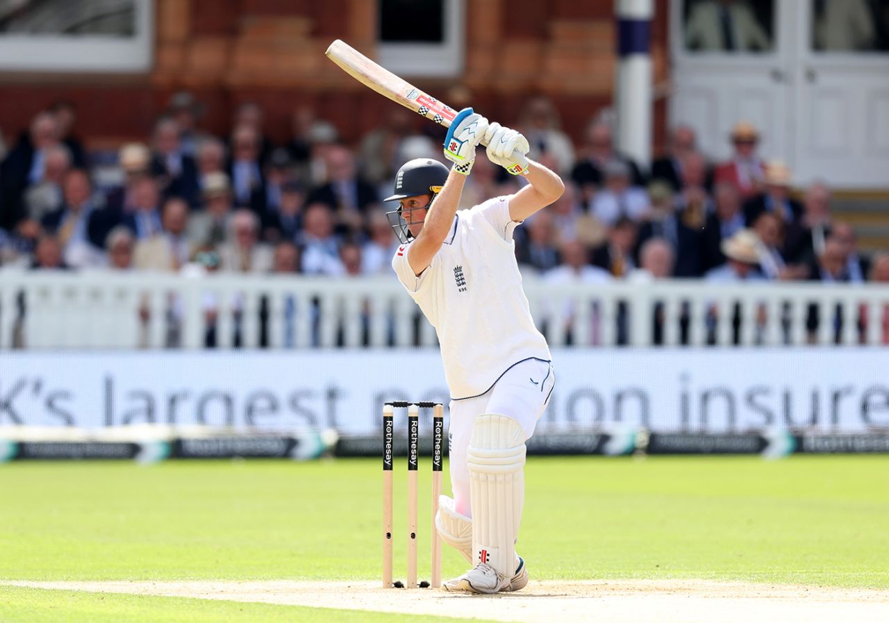 Zak Crawley leans into a cover drive, England vs West Indies, 1st Men's Test, Lord's, 1st day, July 10, 2024