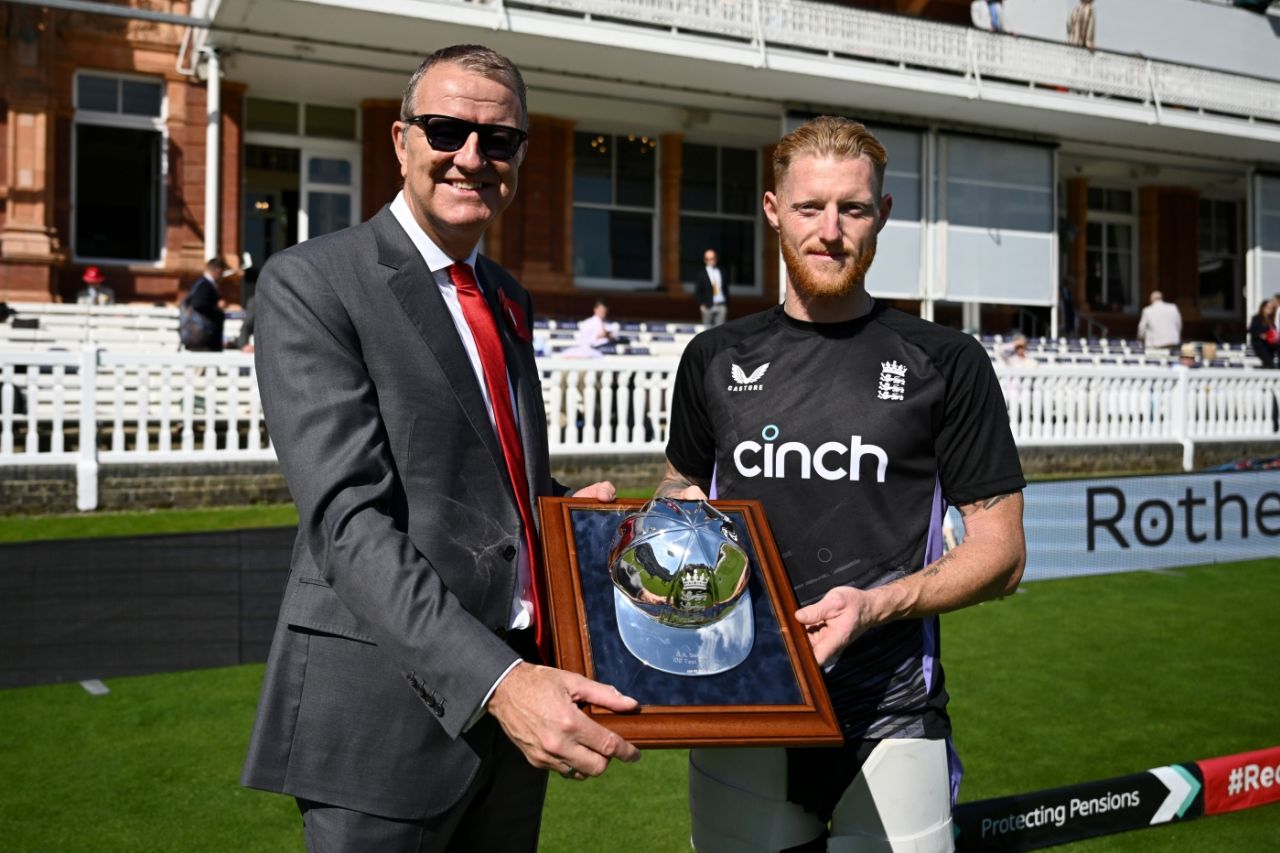 ECB chair Richard Thompson presents Ben Stokes a silver cap for completing the milestone of 100 Tests, England vs West Indies, 1st Men's Test, Lord's, 2nd day, July 11, 2024