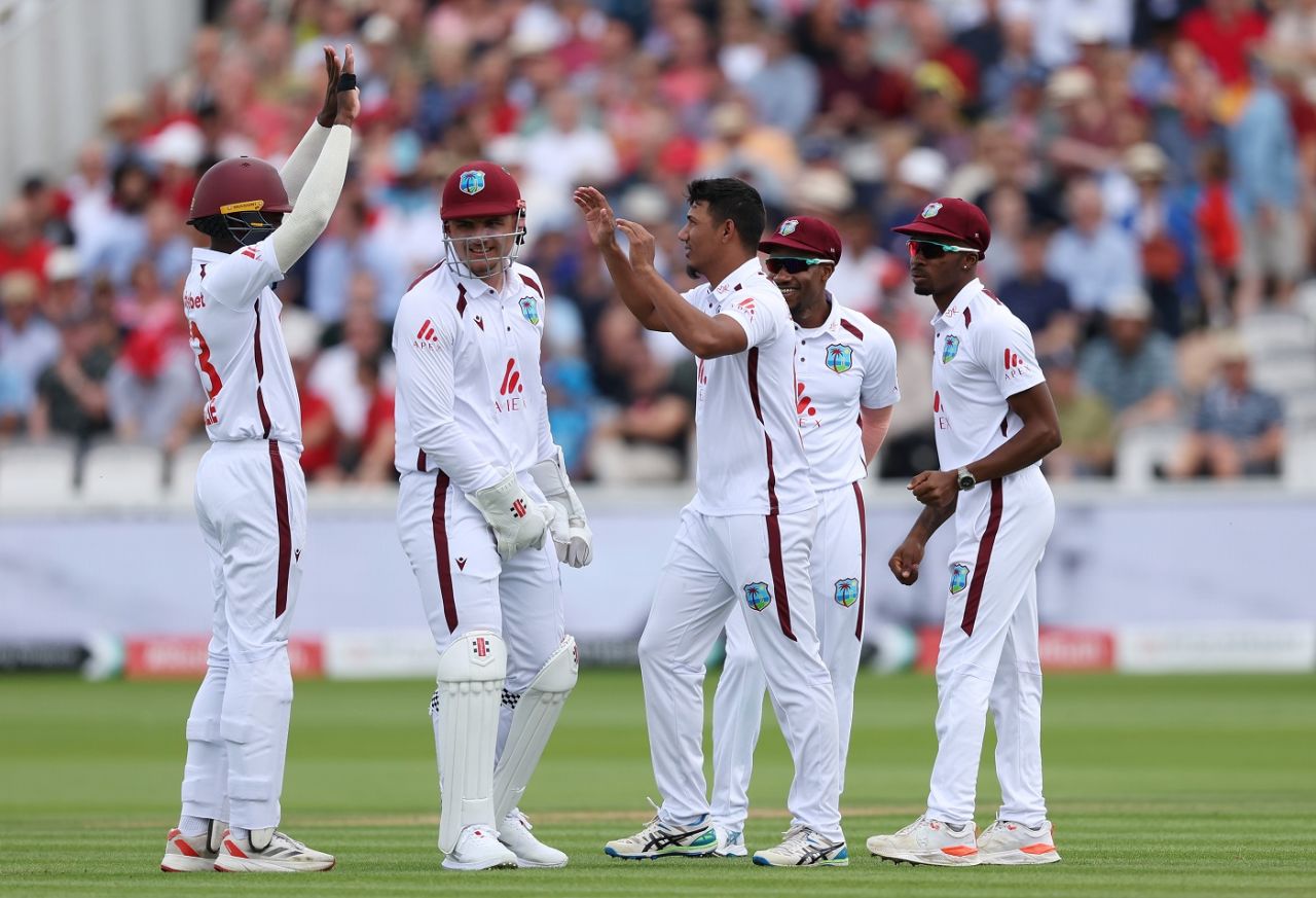 Gudakesh Motie is mobbed by his team-mates after he picked up the key wicket of Ben Stokes, England vs West Indies, 1st Men's Test, Lord's, 2nd day, July 11, 2024