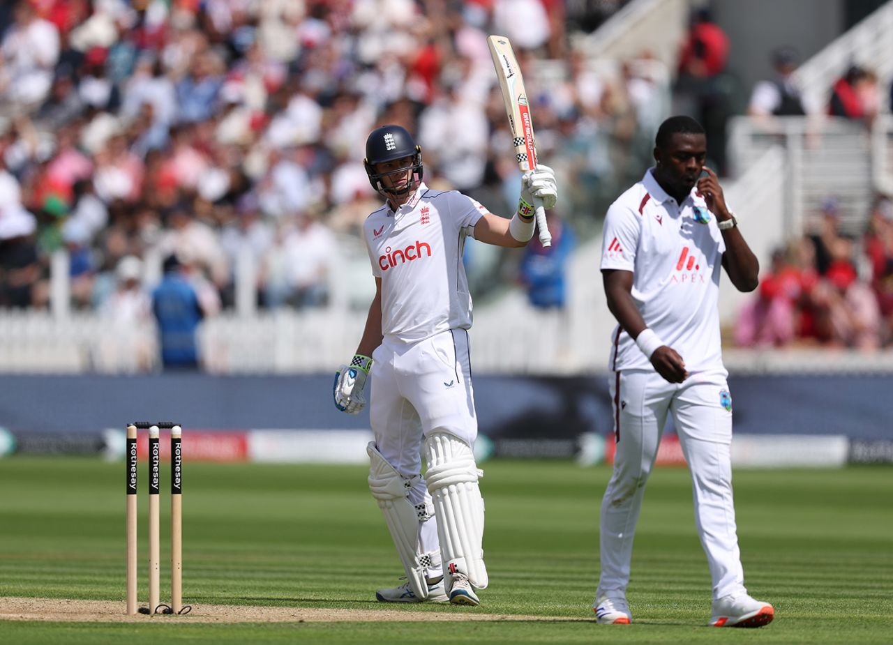 Jamie Smith celebrates reaching 50 in his first Test innings, England vs West Indies, 1st Men's Test, Lord's, 2nd day, July 11, 2024