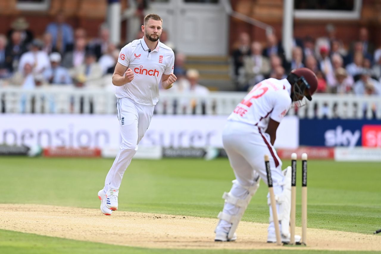 Gus Atkinson celebrates his eighth wicket on debut after Kavem Hodge's chop-on, England vs West Indies, 1st Men's Test, Lord's, 2nd day, July 11, 2024