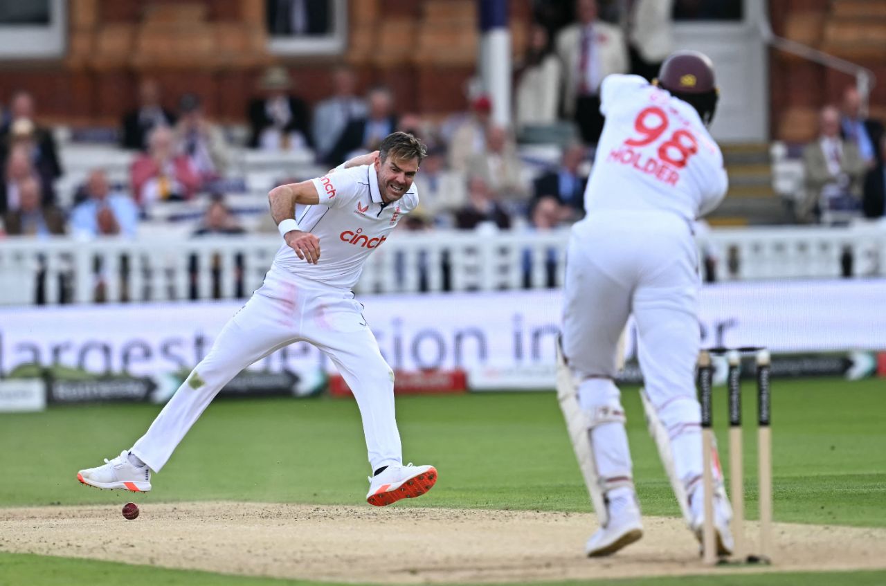 James Anderson sticks out a foot late in the day to deny Jason Holder a handful of runs, England vs West Indies, 1st Men's Test, Lord's, 2nd day, July 11, 2024