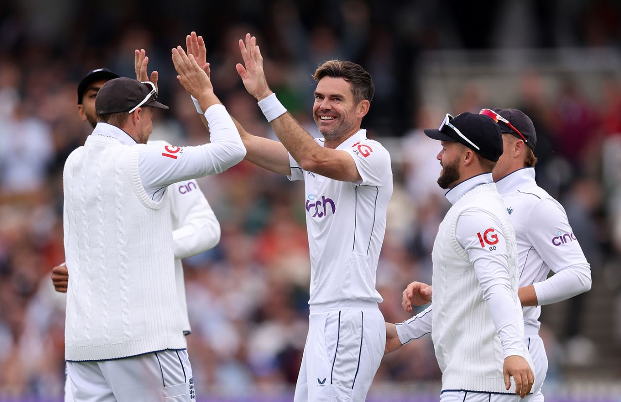 James Anderson celebrates Test wicket No. 704, England vs West Indies, 1st Men's Test, Lord's, 3rd day, July 12, 2024