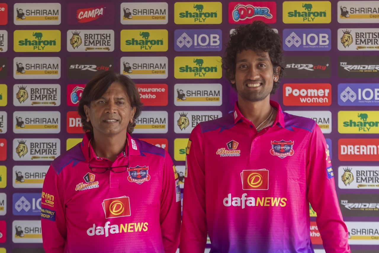 Idream Tiruppur Tamizhans coach RX Murali with R Sai Kishore, TNPL 2024, Coimbatore, July 12, 2024