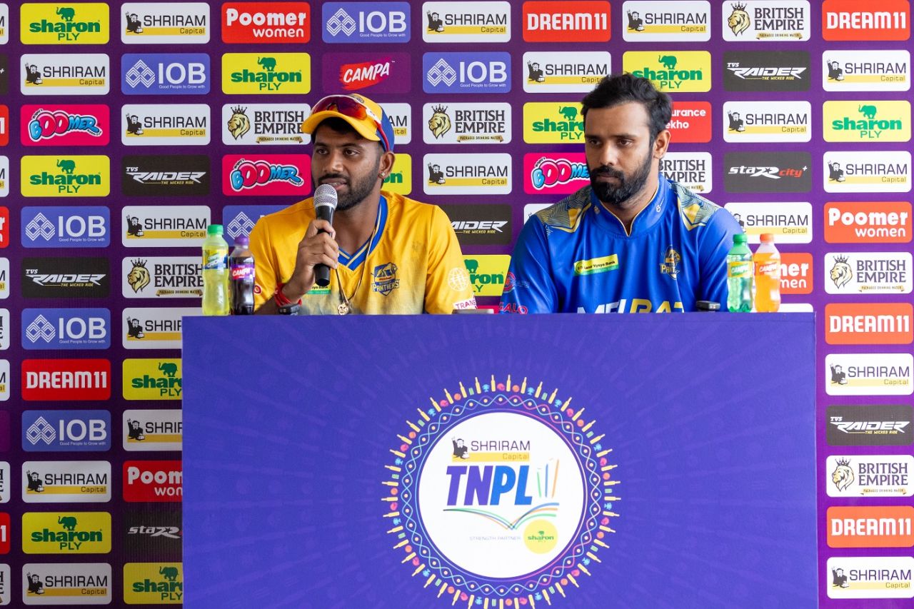 Madurai Panthers captain C Hari Nishaanth and team mentor Hanuma Vihari address the media, TNPL 2024, Coimbatore, July 12, 2024